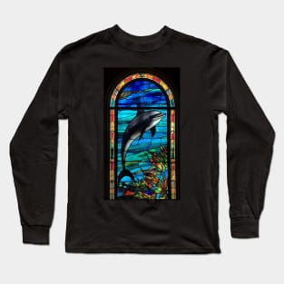 Stained Glass Style Design Grey Dolphin Long Sleeve T-Shirt